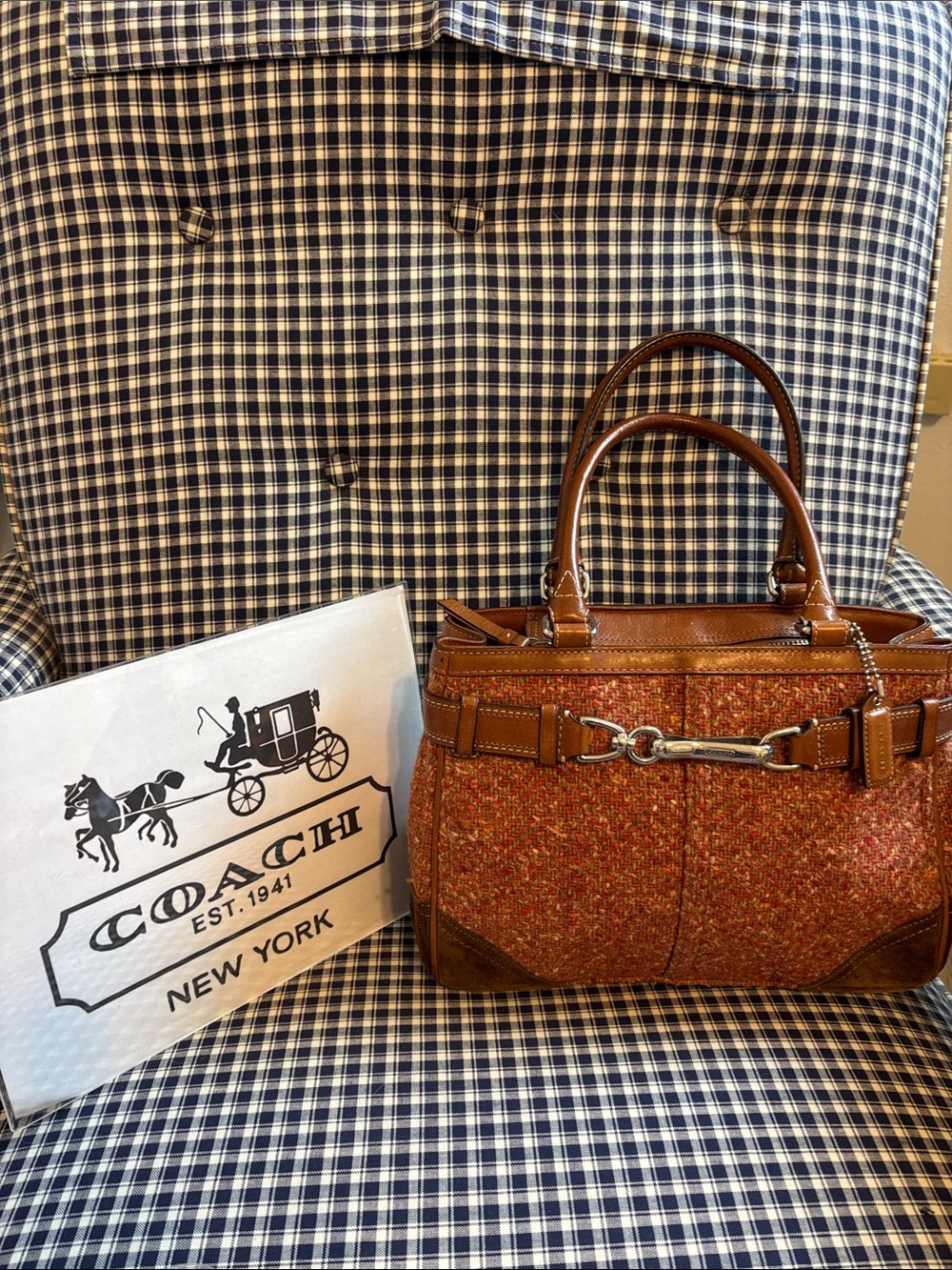 Coach Hampton Herringbone Tweed and Leather Satchel, vintage